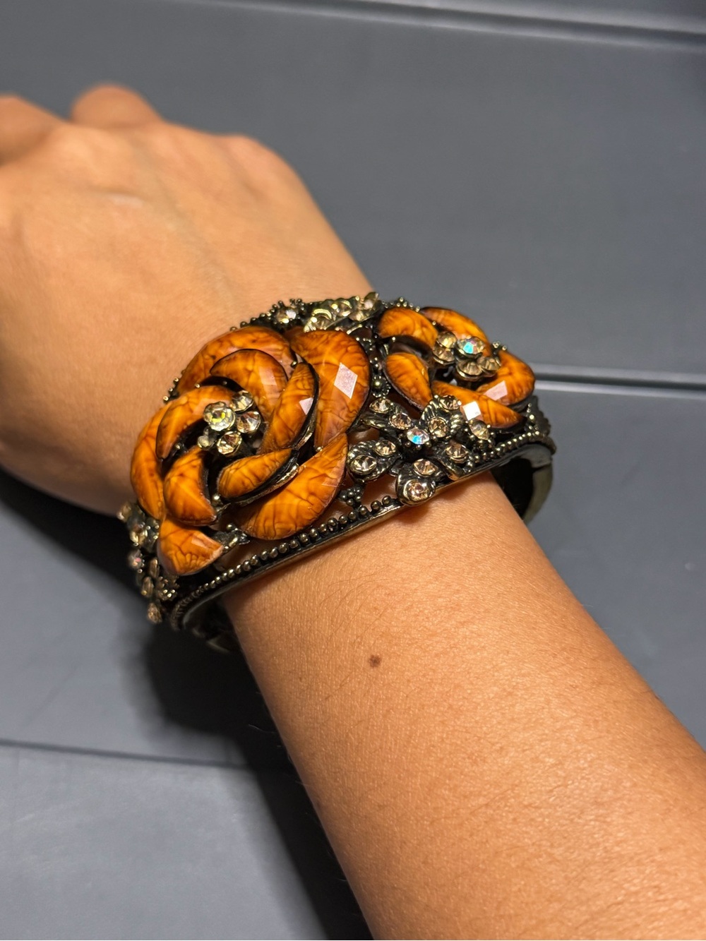 Vintage Amber Brown Marquise Rhinestone Floral Cuff Bracelet Statement Jewelry